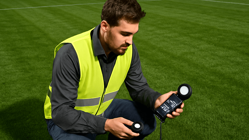 A professional measuring illuminance levels on a sports field to ensure compliance with regulations.