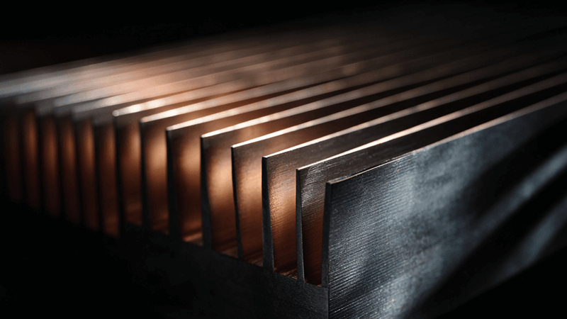 A close-up of a high-quality LED floodlight heat sink