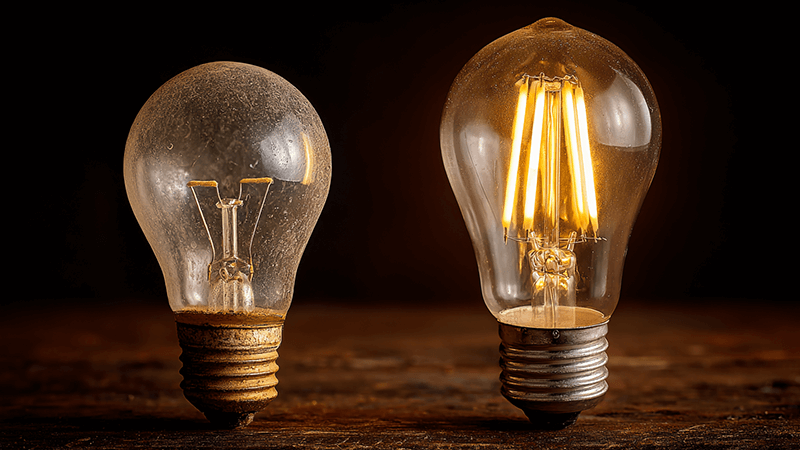 An old, dimmed LED bulb next to a new, bright one