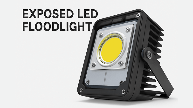 An exposed LED floodlight showing its internal components and heat sink fins