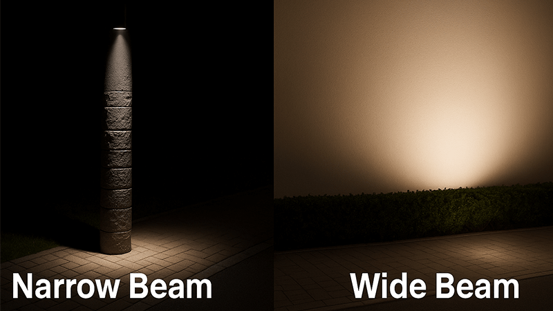 Narrow Beam vs. Wide Beam Floodlight Application A collage showing the focused beam of a narrow angle floodlight on a pillar and the wide illumination of a wide beam floodlight on a wall.