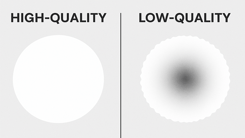 Light Spot Quality Comparison An illustration comparing a high-quality uniform light spot with a low-quality spot that has a dark center and jagged edges.