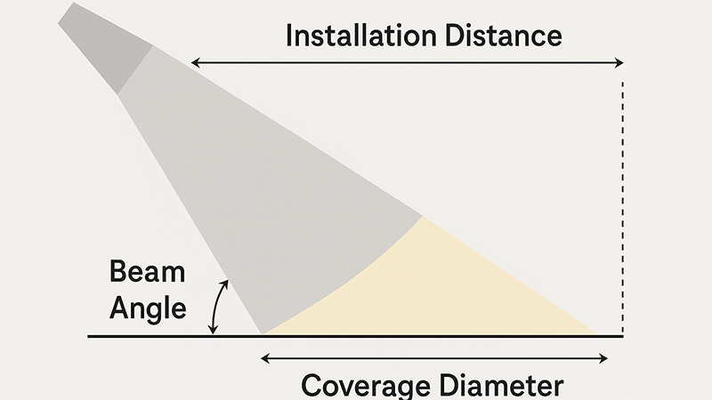 Calculating Floodlight Beam Angle A diagram showing the relationship between installation distance, beam angle, and the resulting coverage diameter on a surface.
