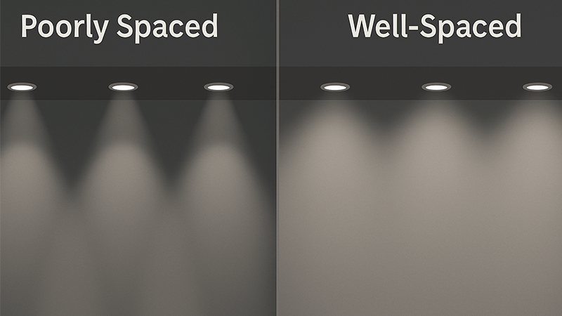 Floodlight Spacing for Uniform Lighting An image illustrating the difference between poorly spaced lights creating dark spots and well-spaced lights creating a uniform wall wash.