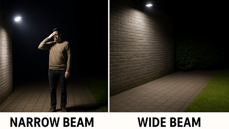 Managing Glare with Floodlight Beam Angle A comparison showing a narrow beam floodlight causing glare at eye-level versus a wide beam floodlight providing comfortable area lighting.