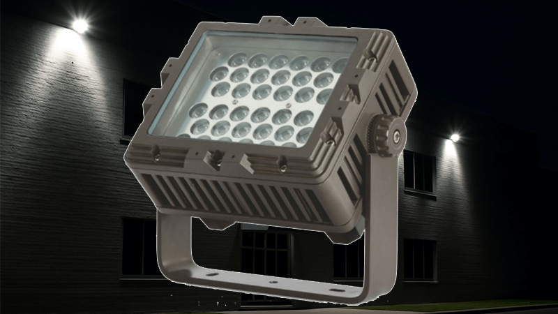An array of powerful LED floodlights illuminating a commercial building at night