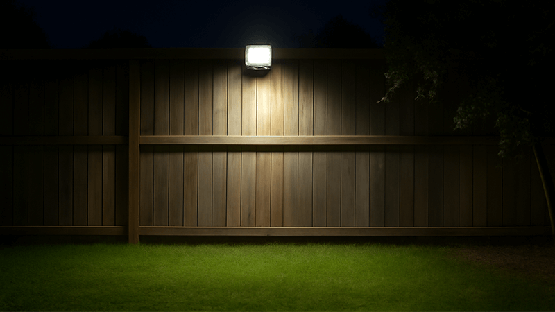 A single LED floodlight mounted on a wall, safely illuminating a backyard throughout the night
