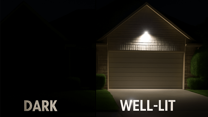 A dark house next to a well-lit house, visually comparing the sense of security
