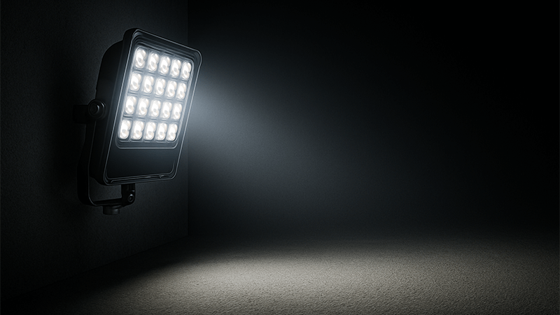 A durable LED floodlight mounted on a wall, illuminating a dark area.