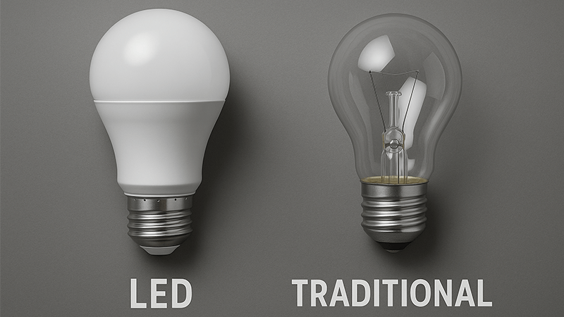 A side-by-side comparison showing an LED is more energy-efficient than a halogen bulb.