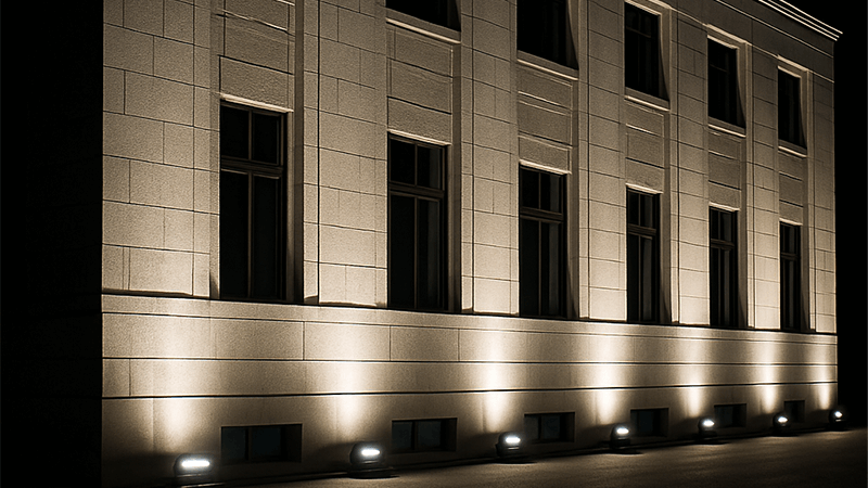 An LED floodlight brightly illuminating a building's facade at night.