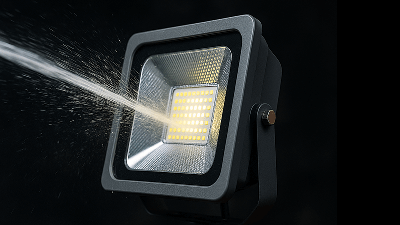 Exploded view of a durable LED floodlight showing its internal components and seals.