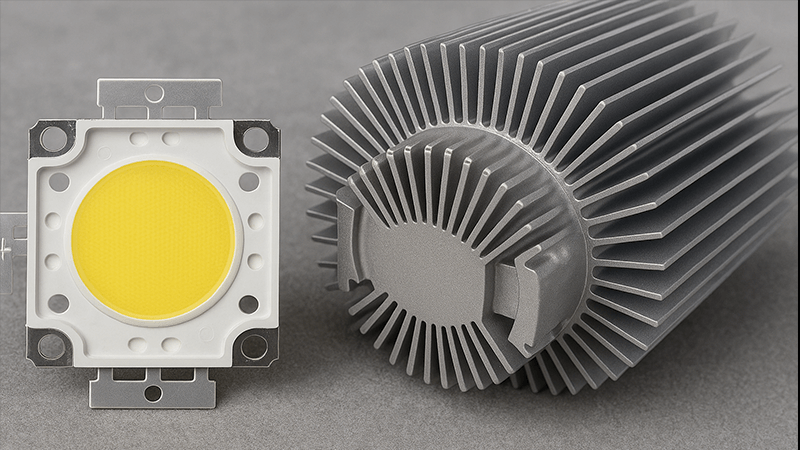 Diagram showing how a good heat sink keeps LED junction temperature low compared to a poor heat sink.
