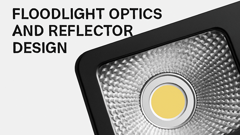 A close-up shot of a high-tech floodlight optic and reflector design.