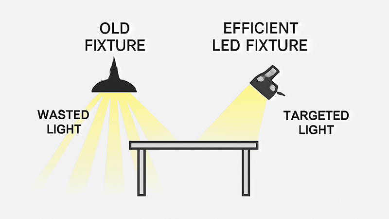 A diagram showing the difference between wasted light from an old fixture and targeted light from an efficient LED fixture.