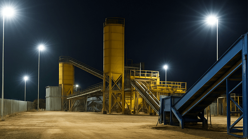 alt with keywords: Industrial site at night illuminated by bright LED floodlights for security