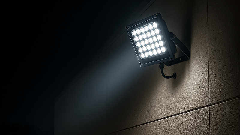 alt with keywords: A single powerful LED floodlight mounted on a building for security