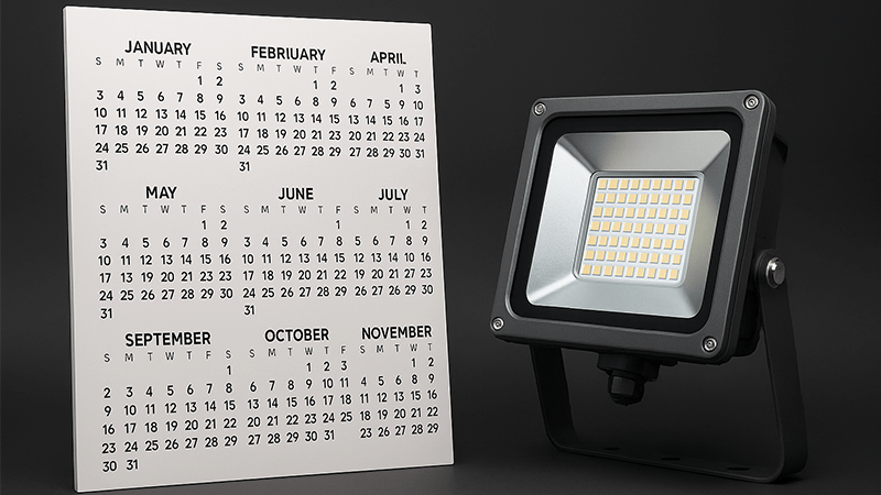 alt with keywords: A calendar spanning many years placed next to a durable LED floodlight