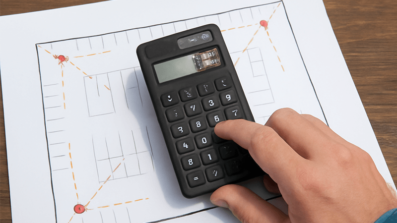 A person using a calculator with a lighting plan in the background