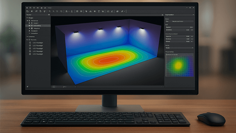 A computer screen showing a DIALux lighting simulation