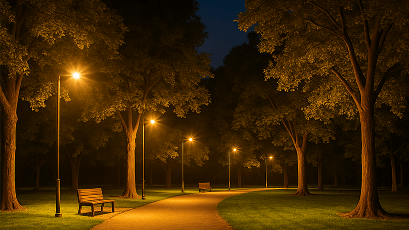 LED floodlights illuminating a park at night