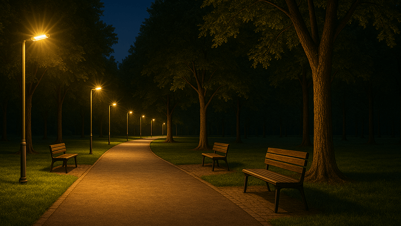 well-lit park pathway at night