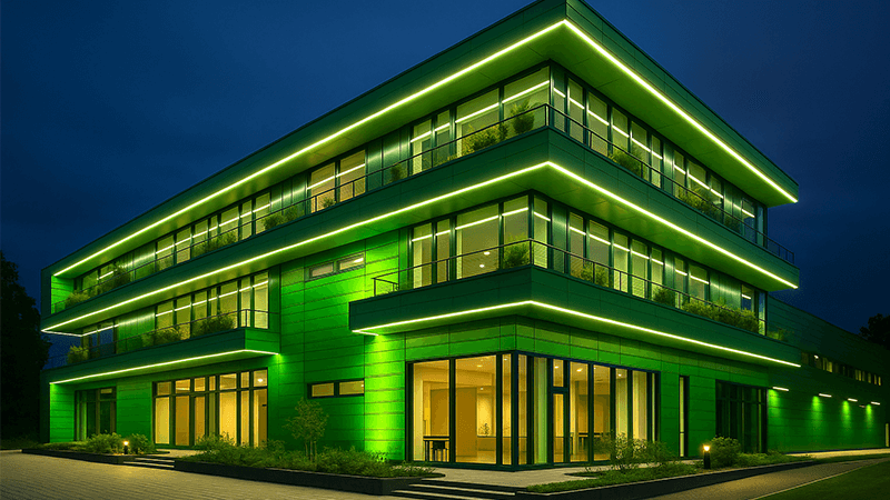 modern green building with integrated LED lighting
