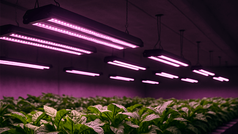 LED grow lights over a bed of green plants