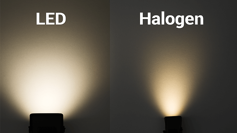 A side-by-side comparison of LED and halogen floodlight beams