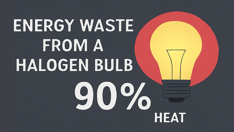An infographic showing energy waste from a halogen bulb