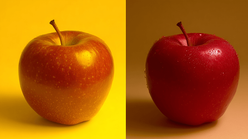 A side-by-side comparison showing a red apple under a yellow HPS light looking brownish, and the same apple looking vibrant red under a high-CRI LED light.