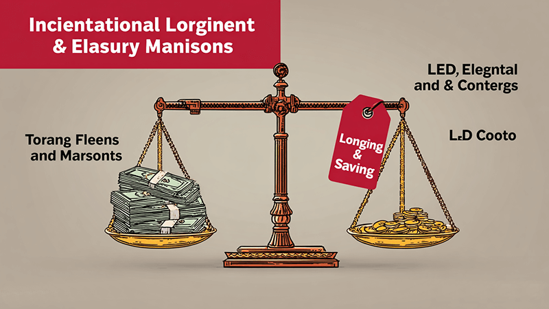 An infographic showing a scale, with one side having a high pile of money labeled "Traditional Lights Energy & Maintenance Costs" and the other side having a smaller pile labeled "LED Upfront Cost" but being weighed down by a tag that says "Long-Term Savings".