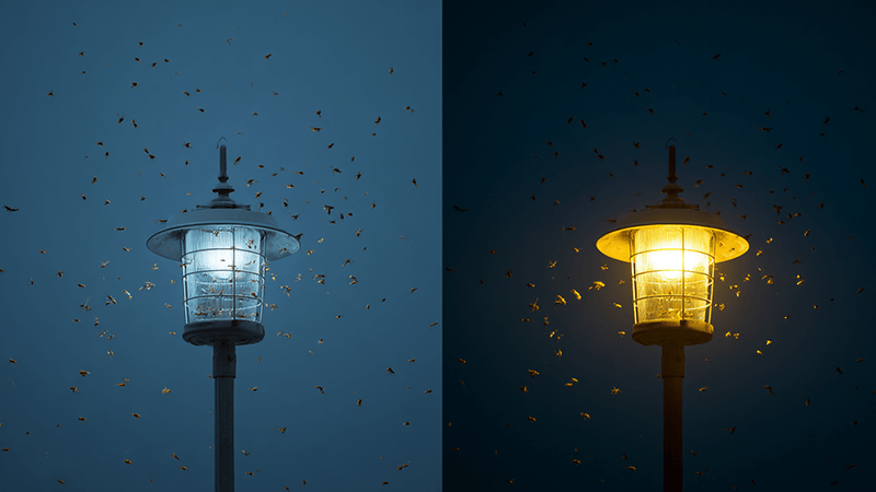 A picture showing two lights at night. One is a cool, bluish traditional light covered in flying insects. The other is a warm, yellowish LED light with almost no bugs around it.
