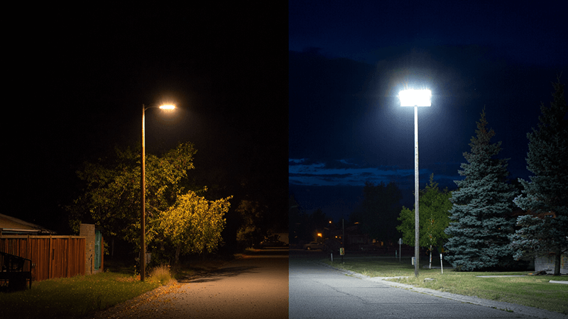 LED Floodlight vs Traditional Light Side-by-side comparison of an old HPS light and a new LED floodlight
