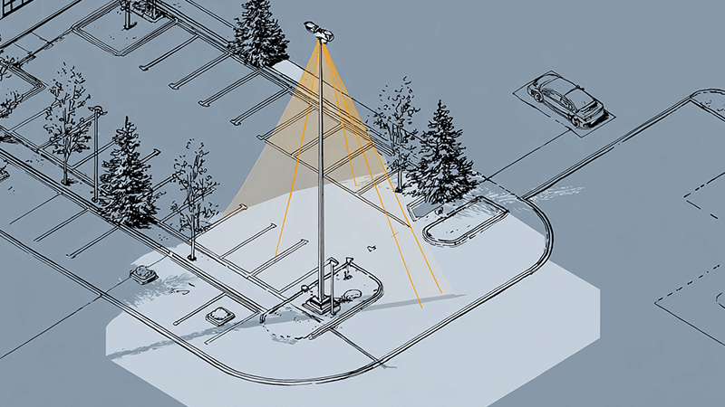 Parking Lot Lumens and Pole Height A diagram showing pole height and light spread in a parking lot