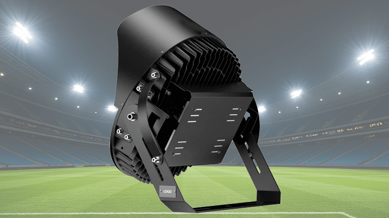 A close-up of a high-quality die-cast aluminum LED floodlight heat sink.