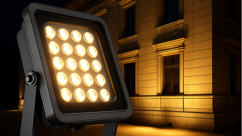 An LED floodlight illuminating a building facade at night.