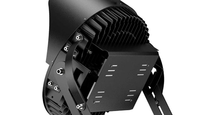 A detailed view of the cooling fins on the back of an LED floodlight.