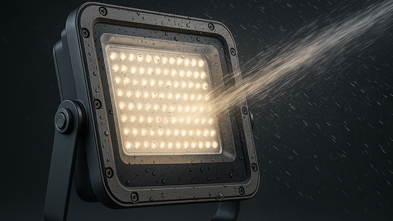 An LED floodlight being tested with a water spray, demonstrating its IP rating.