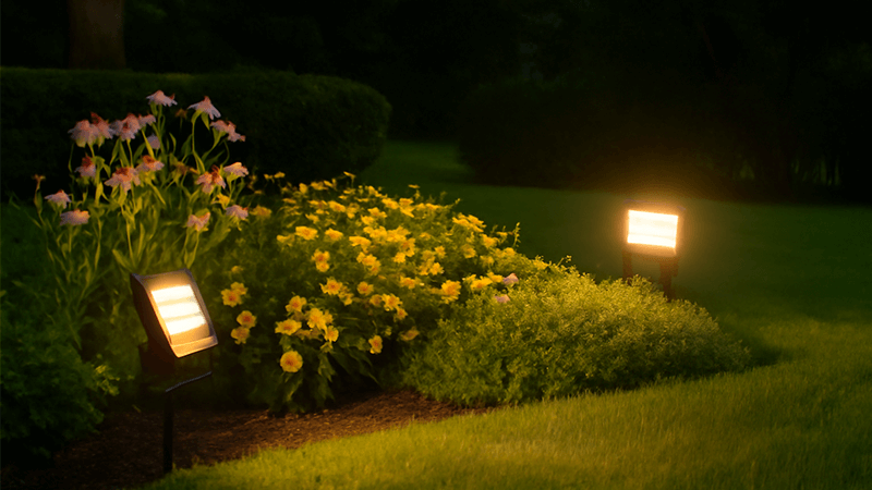 LED floodlights creating a beautiful glow in a garden