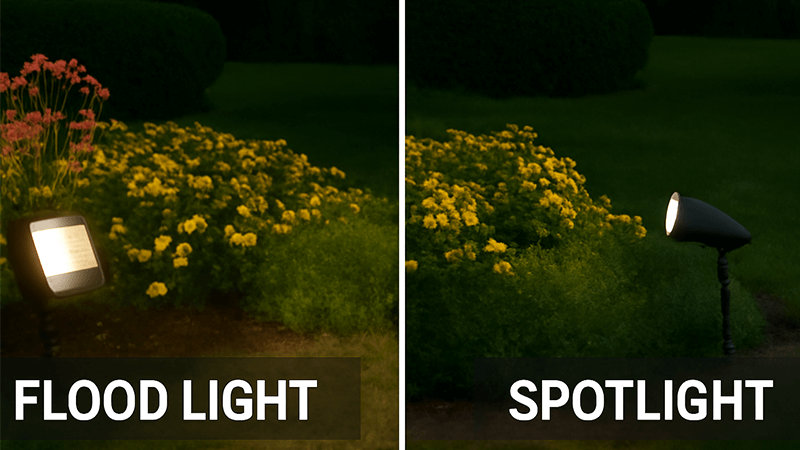 A comparison image of a flood light and a spotlight in a garden