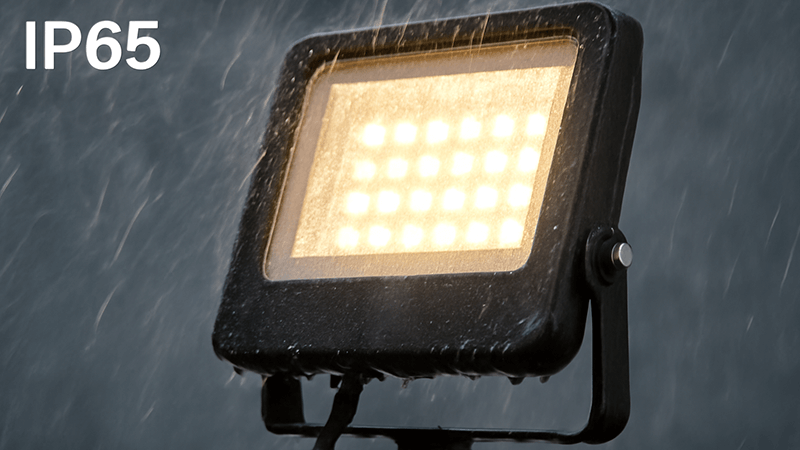 An IP65-rated LED flood light being tested with water spray