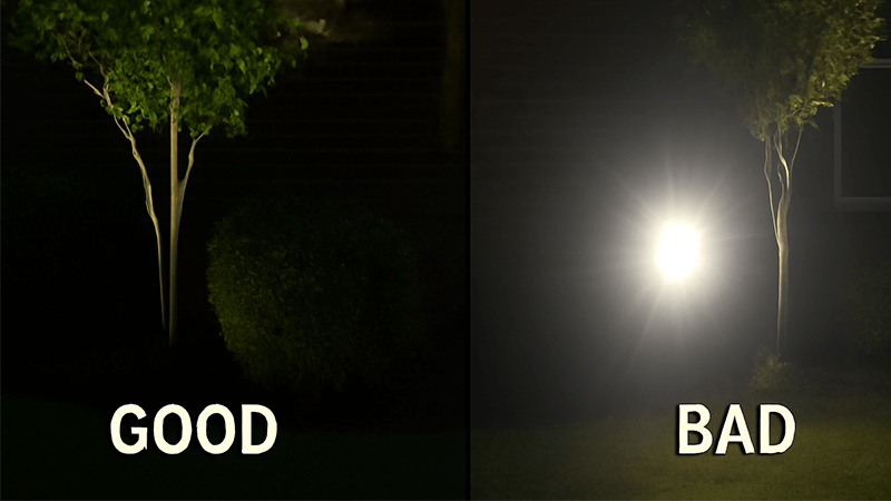 An example of good vs bad landscape lighting showing glare and light trespass