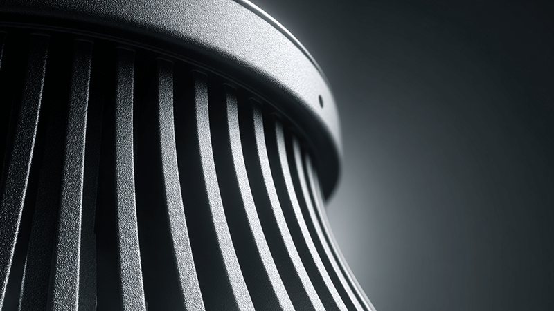 A close-up of a well-designed aluminum heatsink on an LED floodlight