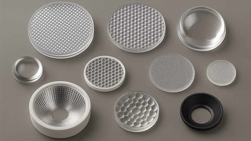 An array of different optical lenses for LED lights showing various shapes and sizes.