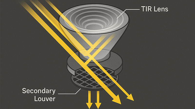 Diagram showing light passing through a TIR lens and a secondary louver.