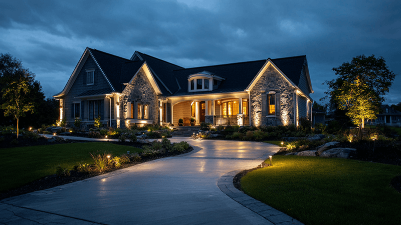 A house with well-aimed, full cut-off outdoor lights that illuminate the ground but not the sky.