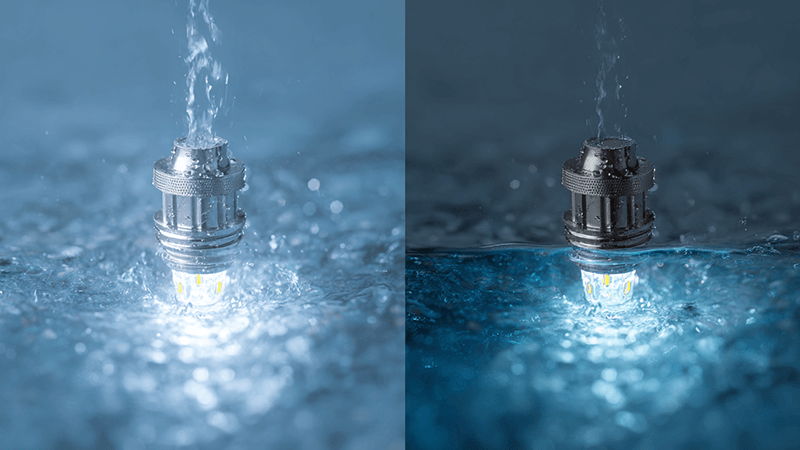 A side-by-side comparison diagram showing a water jet hitting an IP65 light and an IP67 light submerged in water.