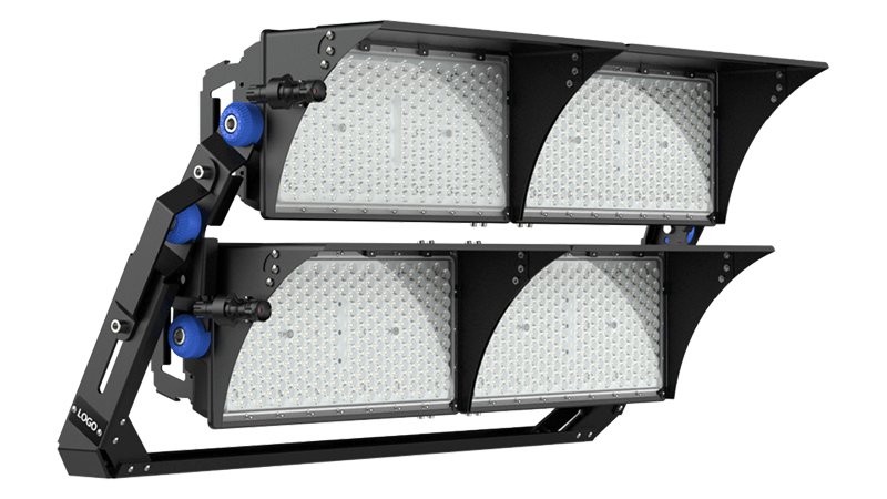 A close-up of a high-power LED sports light fixture