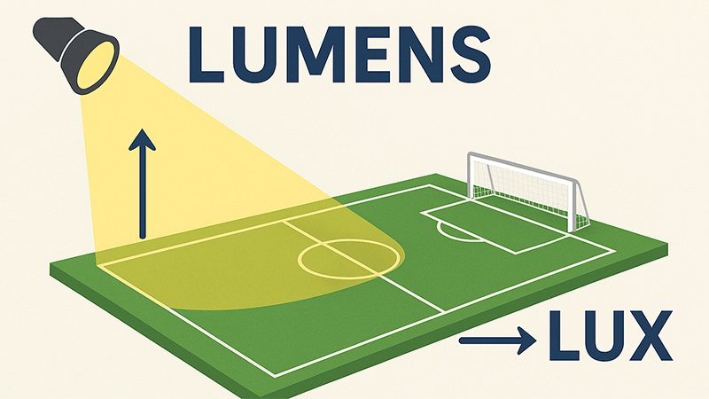 A diagram showing the difference between lumens and lux on a sports field